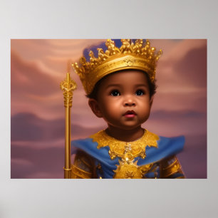 Affiche Prince Afro-Américain bébé garçon mignon or bleu