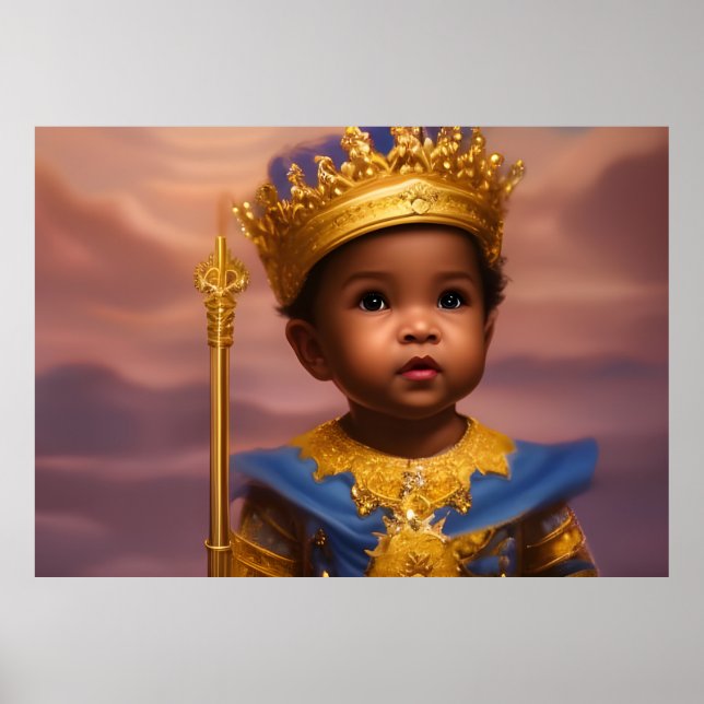 Affiche Prince Afro-Américain bébé garçon mignon or bleu (Devant)