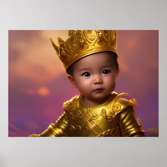 Affiche Prince bébé garçon mignon couronne dorée bleu ethn (Devant)