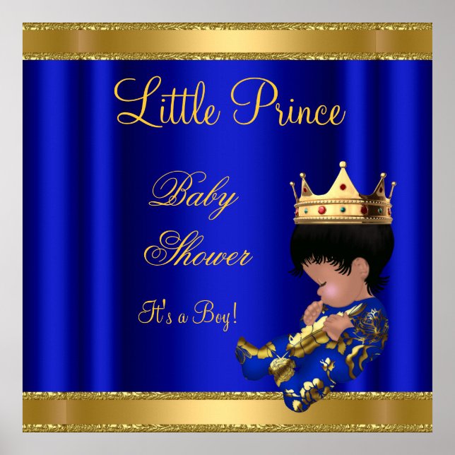 Affiche Prince Boy Baby shower Bleu 2 Africain Américain (Devant)