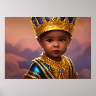 Affiche Prince mignon bébé garçon couronne dorée bleu ethn