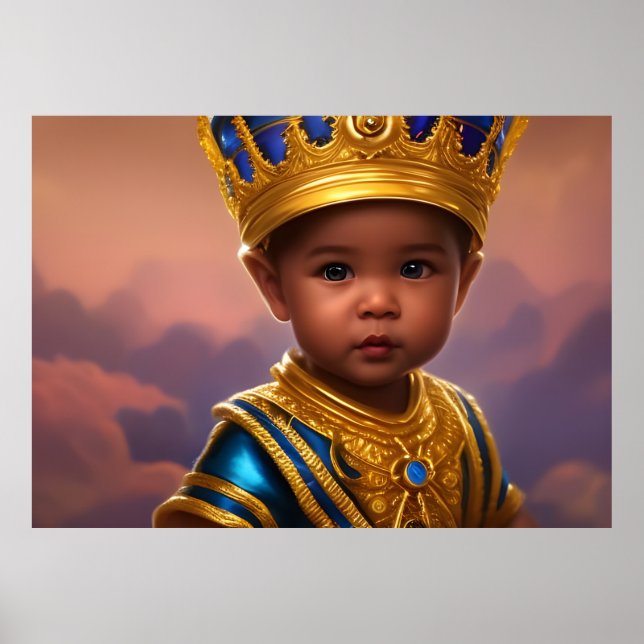 Affiche Prince mignon bébé garçon couronne dorée bleu ethn (Devant)