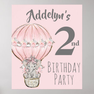Affiche Princess Elephant Balloon Pink Gray 2nd Birthday