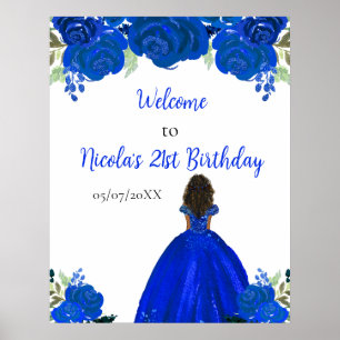 Affiche Princesse à peau foncée Fleurs bleues Bienvenue d'