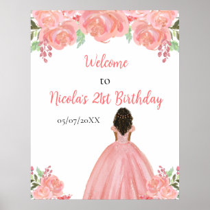 Affiche Princesse à peau foncée Fleurs florales roses Bien