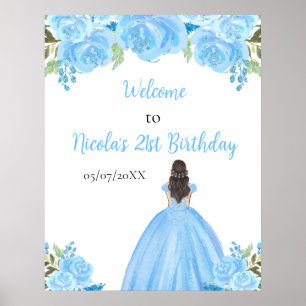 Affiche Princesse aux Cheveux Bruns Bienvenue Anniversaire