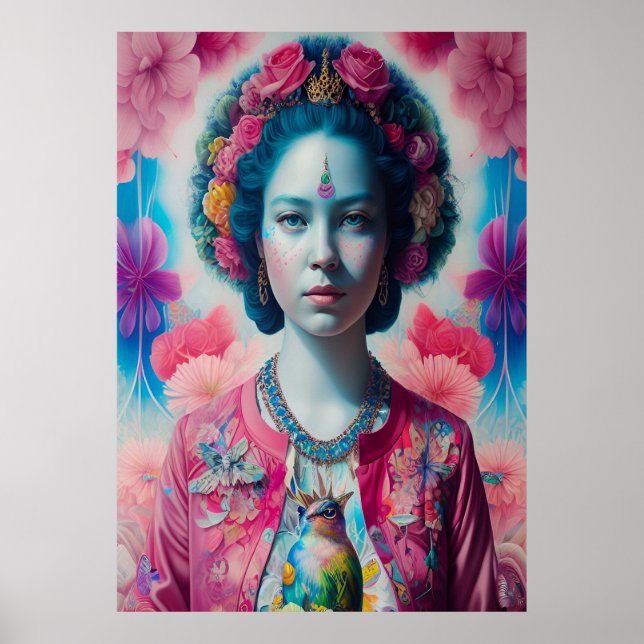 Affiche princesse aux fleurs bleues avec veste rose (Devant)