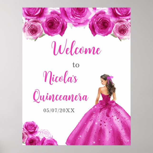 Affiche Princesse en Robe Rose Chaude Quinceanera Bienvenu (Devant)