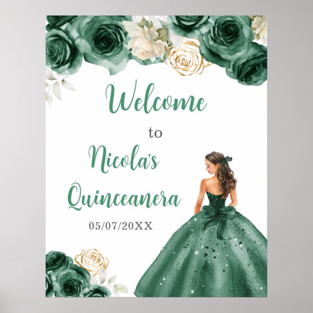 Affiche Princesse en Robe Vert foncé Quinceanera Bienvenue (Devant)