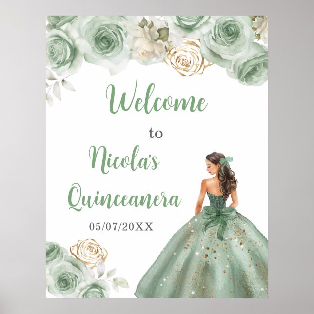 Affiche Princesse en Sage Robe Verte Quinceanera Bienvenue (Devant)