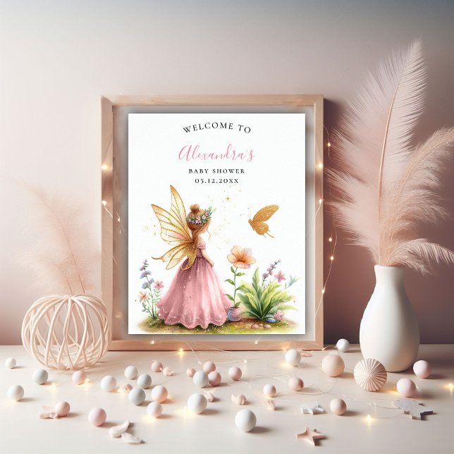 Affiche Princesse Fée Enchantée Rose Baby Girl Douche (fairy princess girl baby shower welcome poster pink watercolor twinkle lights enchanted garden)