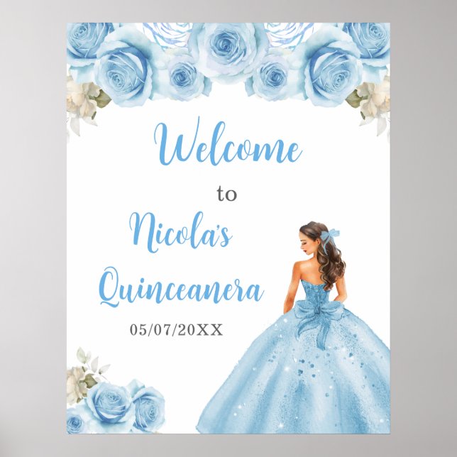 Affiche Princesse Florale en Robe Bleue Quinceanera Bienve (Devant)
