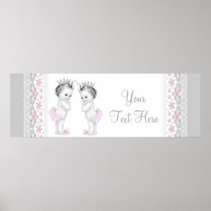 Affiche Princesse jumelles bébé fille rose et gris