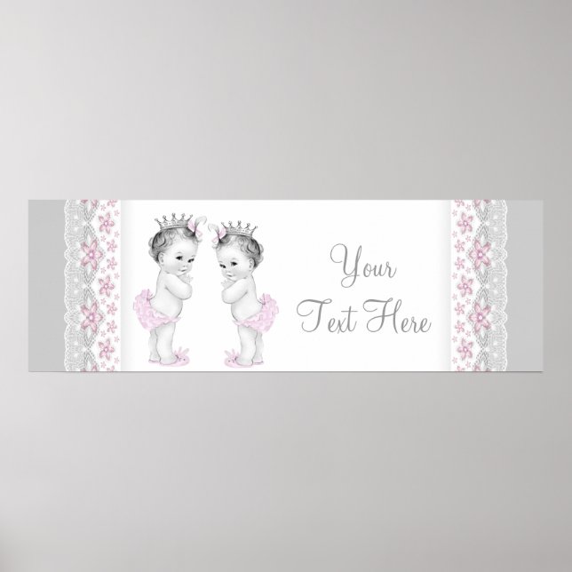 Affiche Princesse jumelles bébé fille rose et gris (Devant)