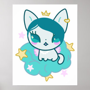Affiche Princesse kawaii chaton avec ailes et couronne
