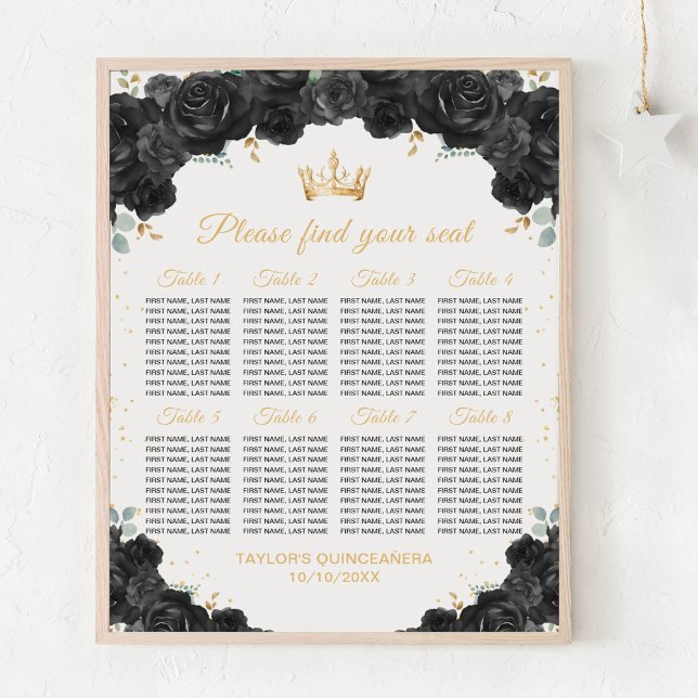 Affiche Princesse noire Quinceañera Plan de table pour 8 t (Créateur téléchargé)