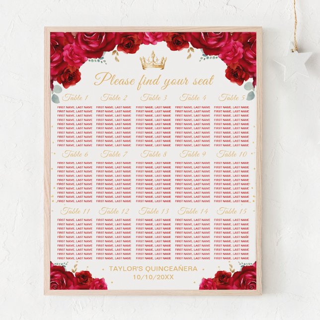 Affiche Princesse Rouge Quinceañera Plan de table pour 15  (Créateur téléchargé)