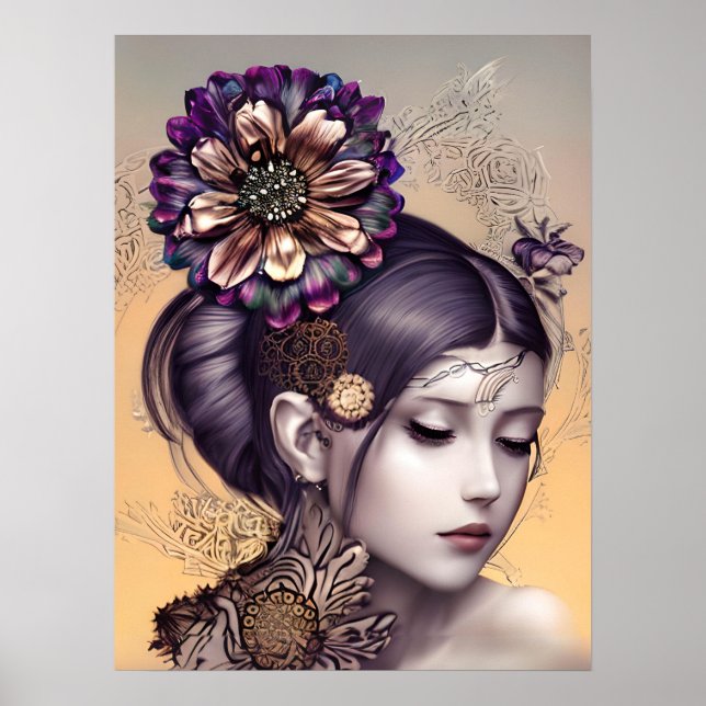 Affiche Princesse Steampunk avec une fleur couleur cuivre (Devant)