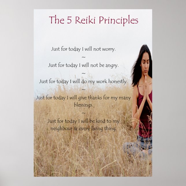 Affiche Principes de Reiki avec une femme méditant (Devant)