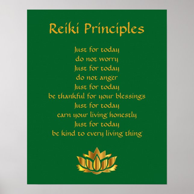 Affiche Principes de Reiki Lotus vert et or (Devant)