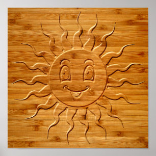 Affiche Print Of Smiling Sun Face Carved In Wood