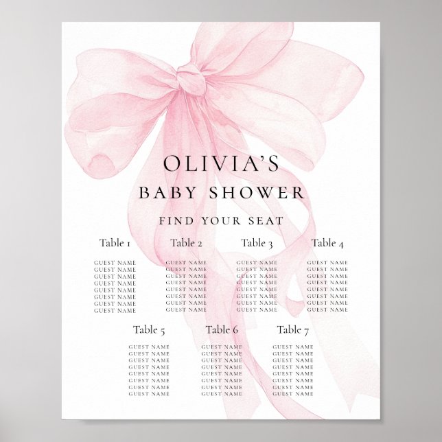 Affiche Printable Pink Bow Baby Shower Seating Chart (Devant)