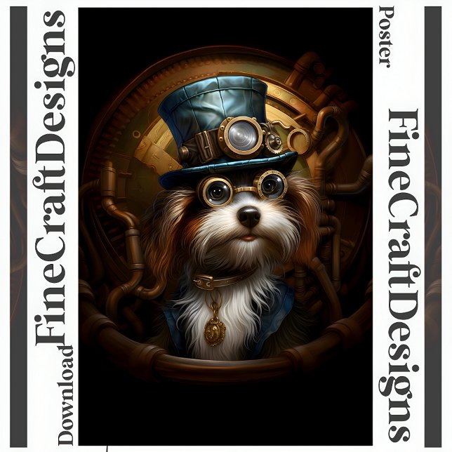 Affiche Printable Steampunk Chien Casquette lunettes Faux  (Créateur téléchargé)