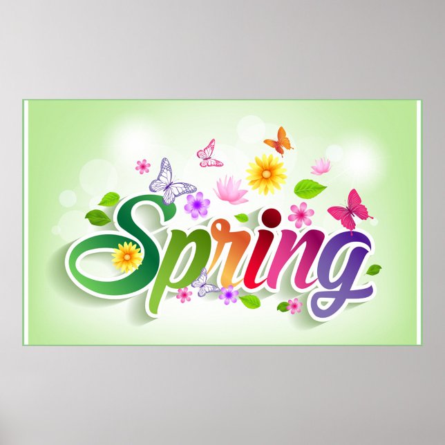 Affiche Printemps (A vibrant spring themed graphic with colorful flowers and butterflies.)