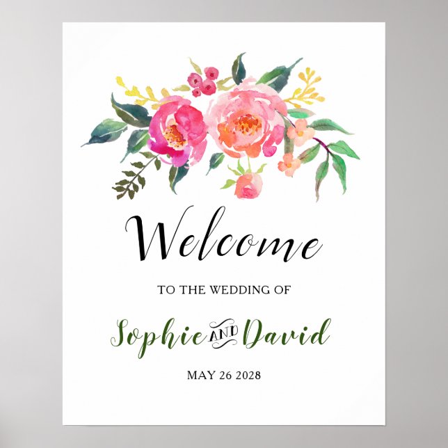 Affiche Printemps Eté Aquarelle Florale Mariage Bienvenue (Devant)