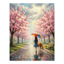 Printemps - Fille au parapluie et poney dans un pa