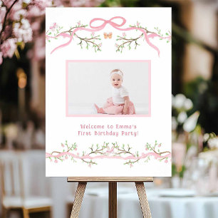 Affiche Printemps rose fleurs 1er anniversaire Photo Bienv