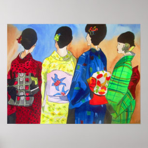 Affiche Printo Kimono japonais Geisha aquarelle