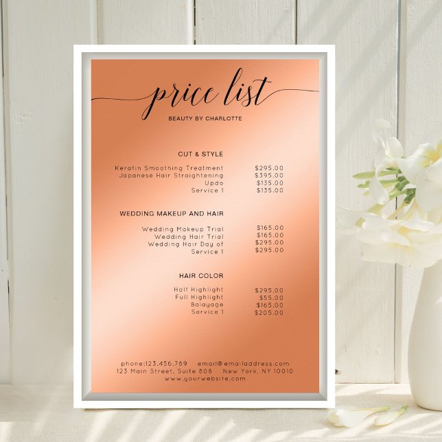 Affiche Prix du salon moderne Orange-Go (Imiter) (Modern Orange-Gold (Imitate) Salon Price List Poster Template. Print & Download Available.)