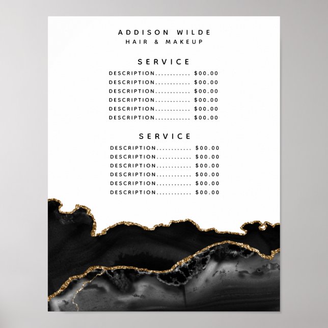 Affiche Prix du service en marbre d'agate noir et or (Devant)