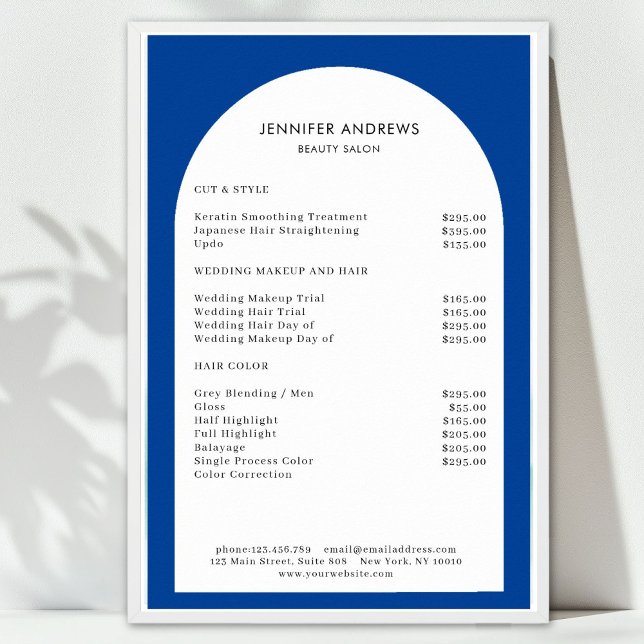 Affiche Prix minimaux d'Arc Blue Salon moderne (Modern Minimal Arch Blue Salon Price List. Prints & Instant Download Available.)