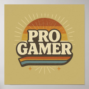 Affiche PRO GAMER — Insigne Vintage de coucher de soleil