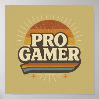 Affiche PRO GAMER — Insigne Vintage de coucher de soleil