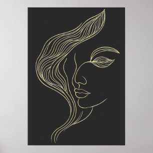 Affiche Profil de femme en art linéaire élégant avec feuil