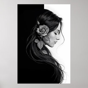 Affiche Profil féminin artistique avec rose en monochrome