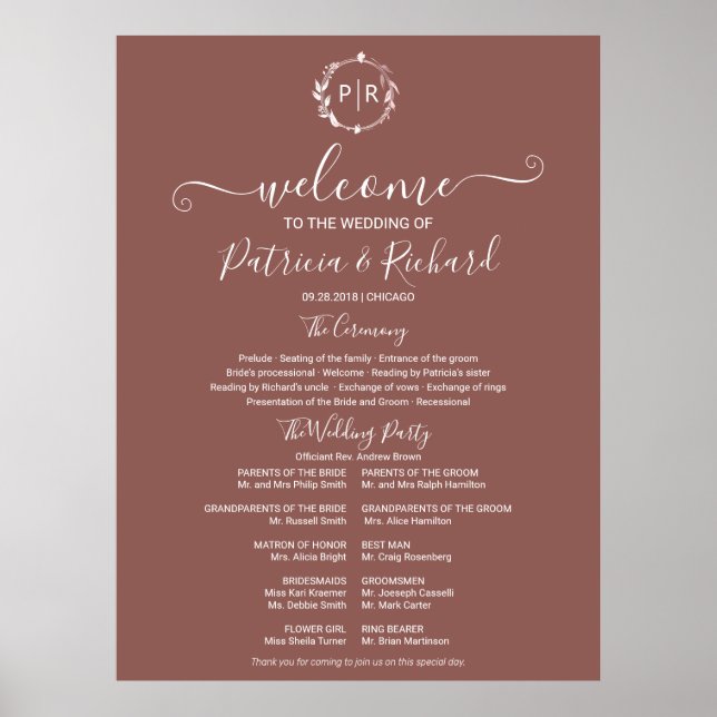 Affiche Programme de cérémonie de mariage avec monogramme (Devant)