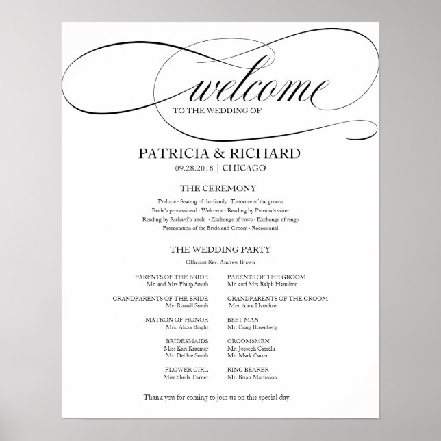 Affiche Programme de cérémonie de mariage élégant écriture (Devant)