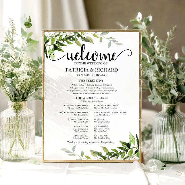 Affiche Programme de cérémonie de mariage Elegant Greenery (Créateur téléchargé)