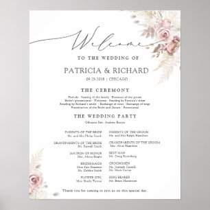 Affiche Programme de cérémonie de mariage floral rose pous