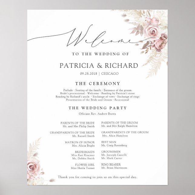 Affiche Programme de cérémonie de mariage floral rose pous (Devant)