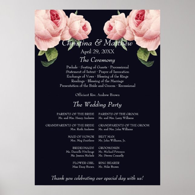 Affiche Programme de cérémonie de mariage rose rose bleu v (Devant)