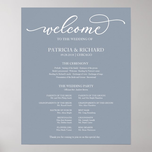 Affiche Programme de cérémonie mariage Script Dusty Blue S (Devant)