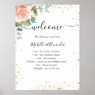 Affiche Programme de chronologie de mariage rose or floral
