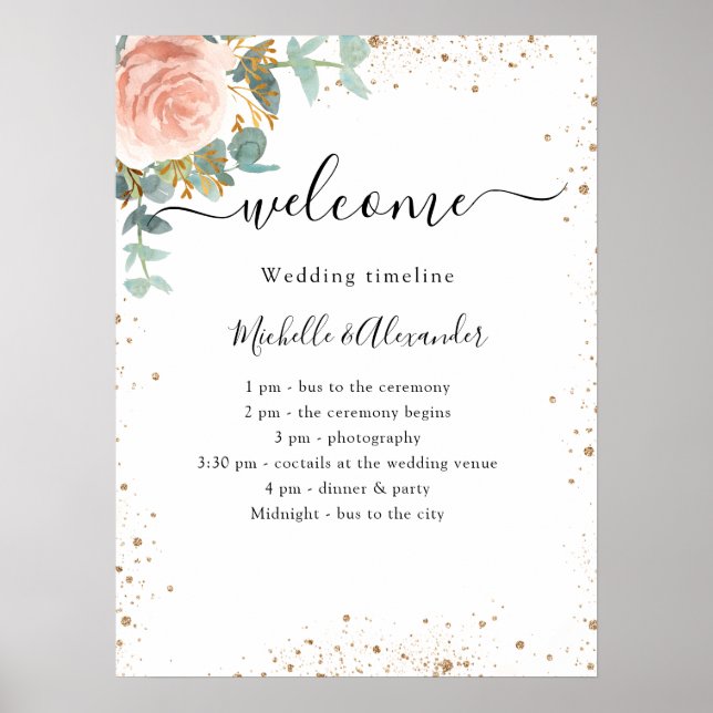 Affiche Programme de chronologie de mariage rose or floral (Devant)