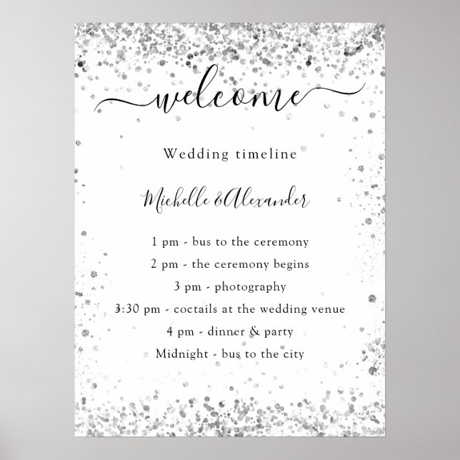 Affiche Programme de mariage élégant à paillettes blanc ar (Devant)