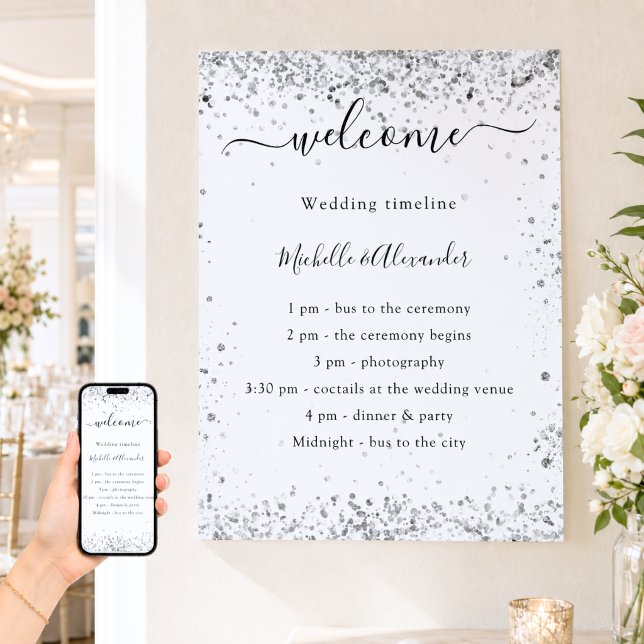 Affiche Programme de mariage élégant à paillettes blanc ar (Créateur téléchargé)
